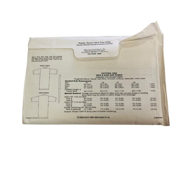 Vintage Kwik Sew Sewing Pattern 1664 Mens King Size Robes Chest Size 50-56 - Picture 2 of 2